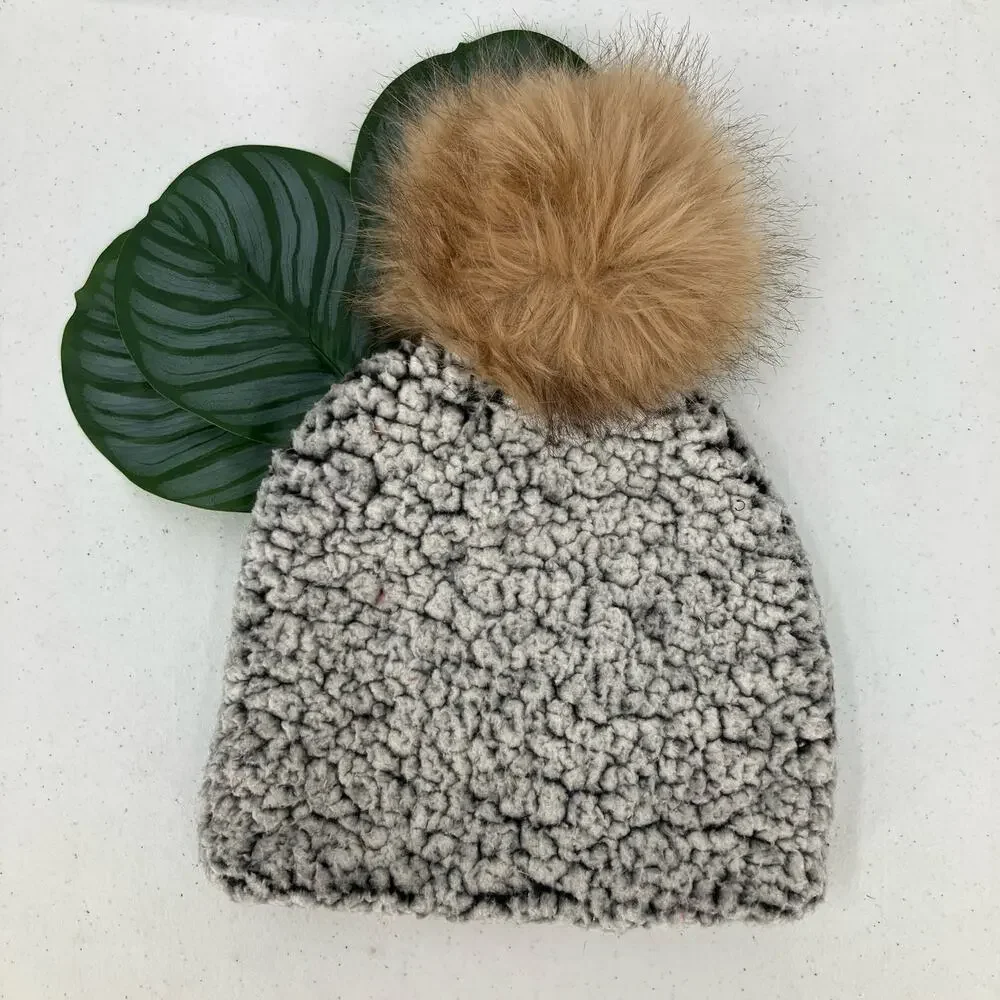Justice Gray Brown Fleece Lined Faux Sherpa Fur Puff Pom Beanie Winter Youth Hat
